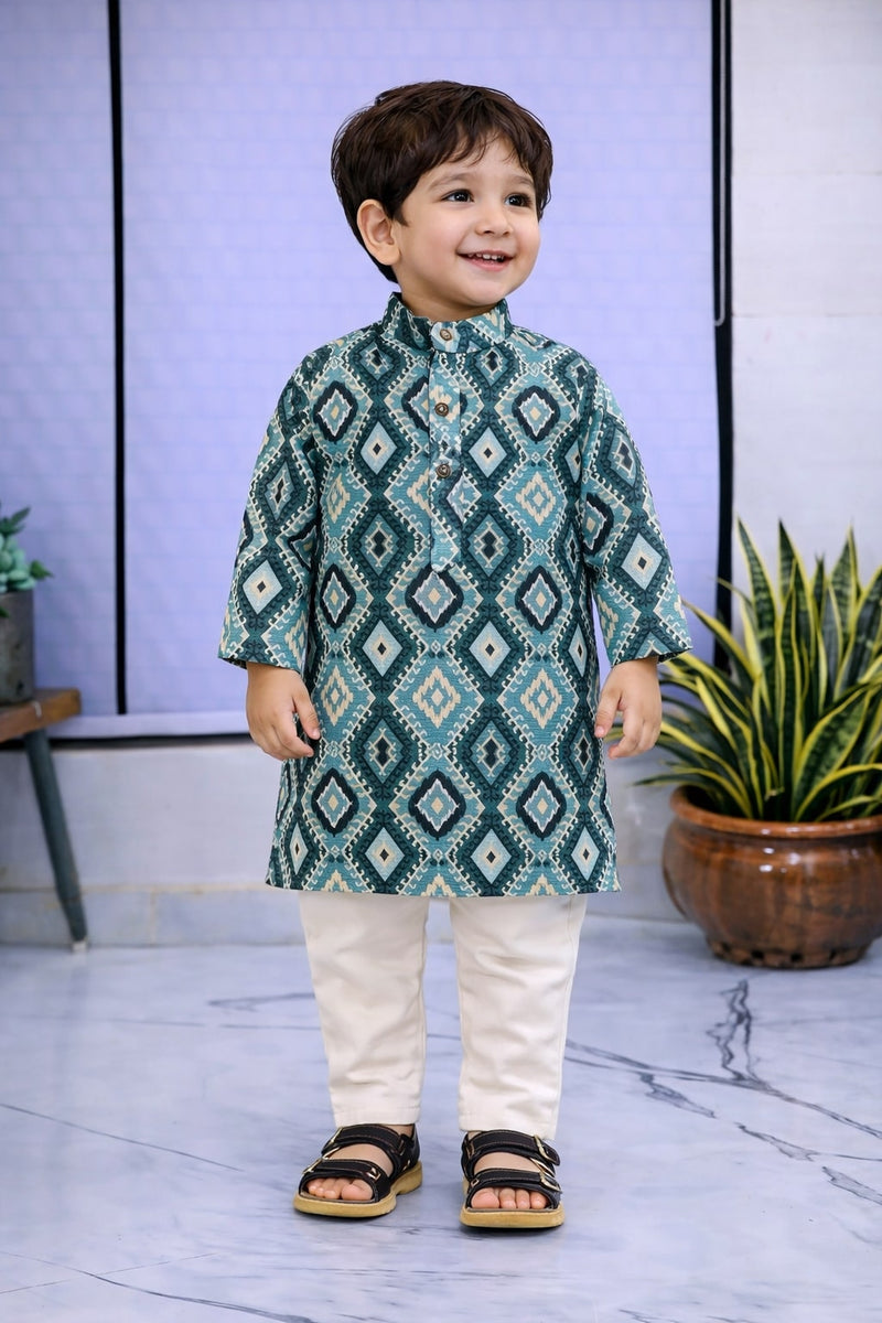 Boys Teal Solid Pure Cotton Ethnic Kurta Set with Trousers
