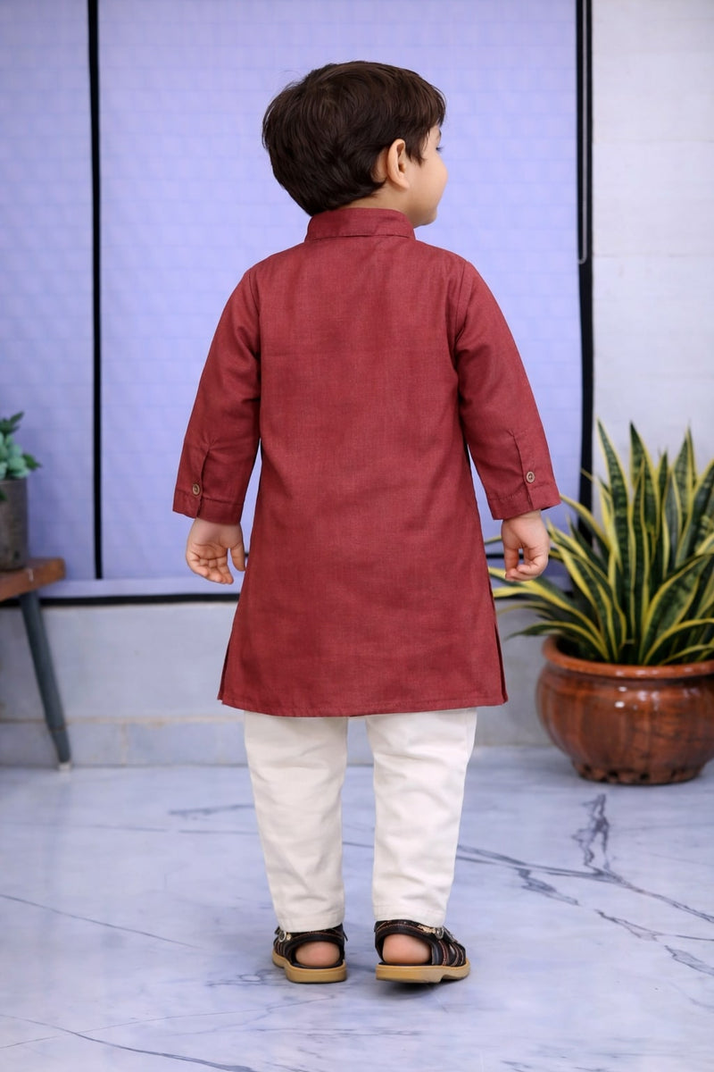 Boys Cream Solid Pure Cotton Ethnic Kurta Set with Trousers