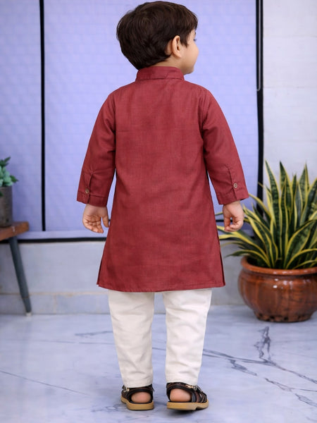 Boys Cream Solid Pure Cotton Ethnic Kurta Set with Trousers