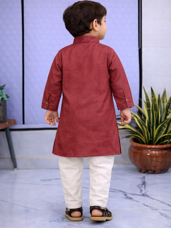 Boys Cream Solid Pure Cotton Ethnic Kurta Set with Trousers
