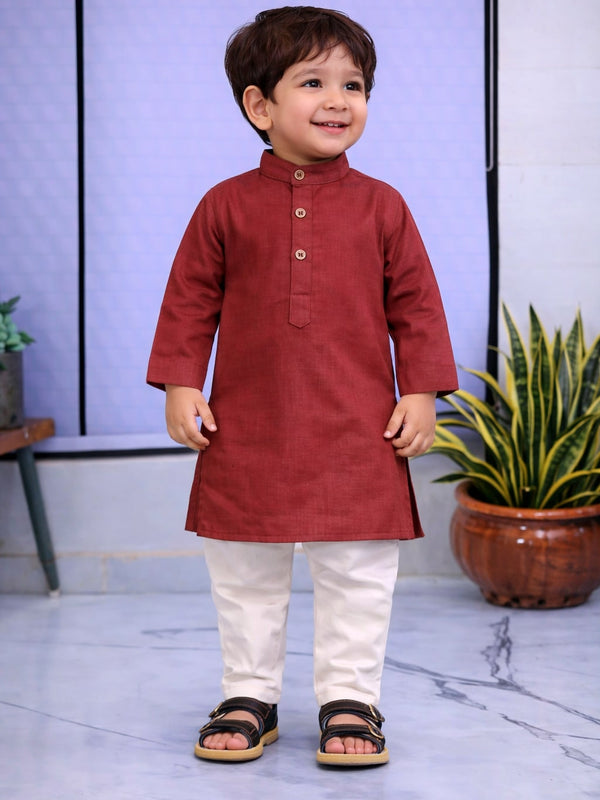 Boys Cream Solid Pure Cotton Ethnic Kurta Set with Trousers