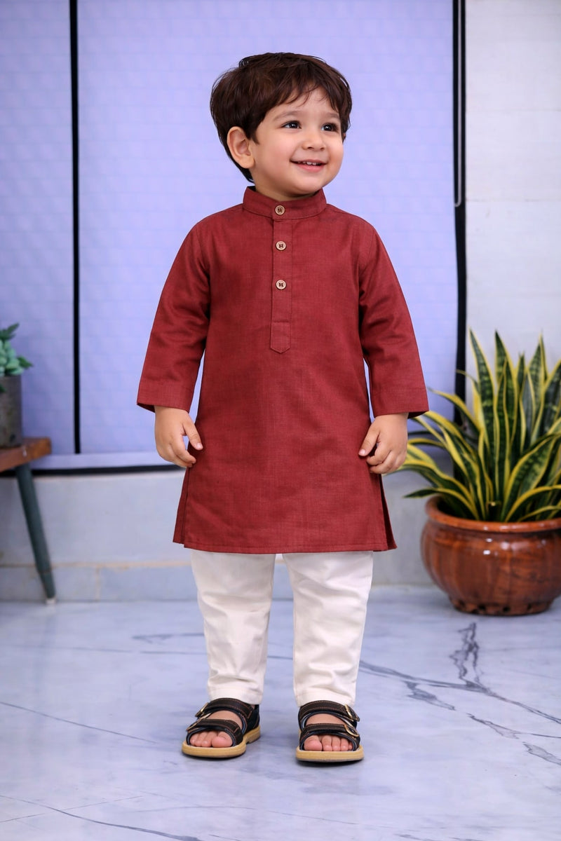 Boys Cream Solid Pure Cotton Ethnic Kurta Set with Trousers