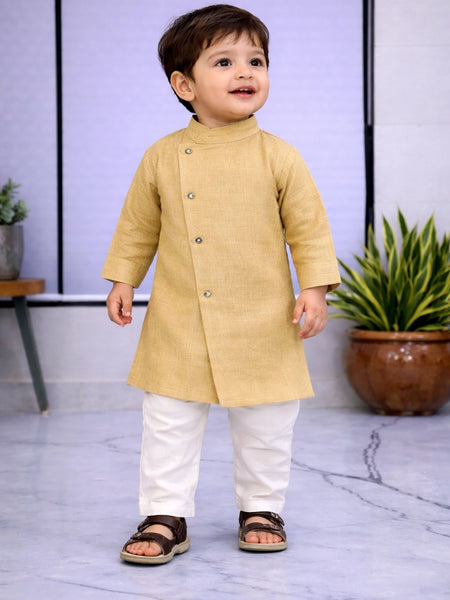 Boys Beige Solid Pure Cotton Ethnic Kurta Set with Trousers
