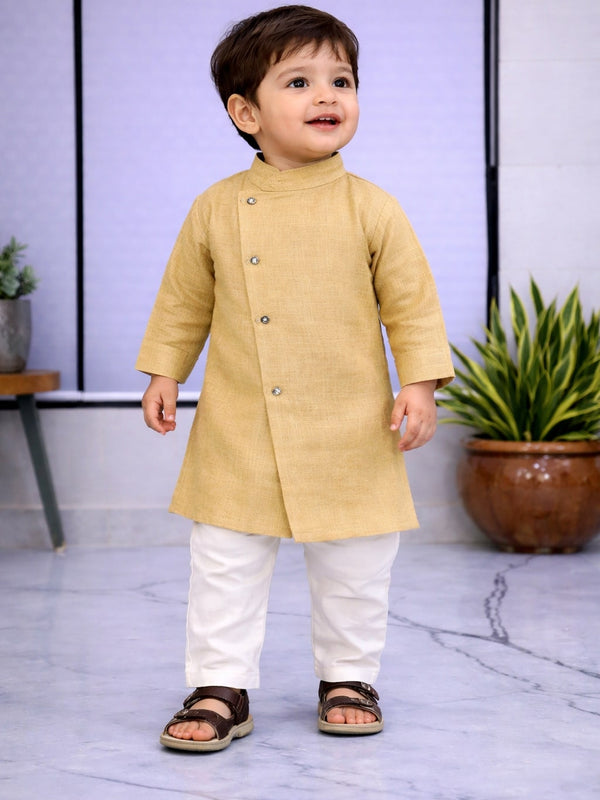 Boys Beige Solid Pure Cotton Ethnic Kurta Set with Trousers
