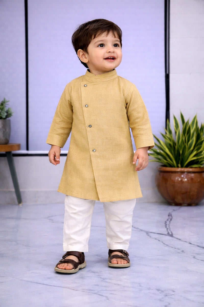 Boys Beige Solid Pure Cotton Ethnic Kurta Set with Trousers