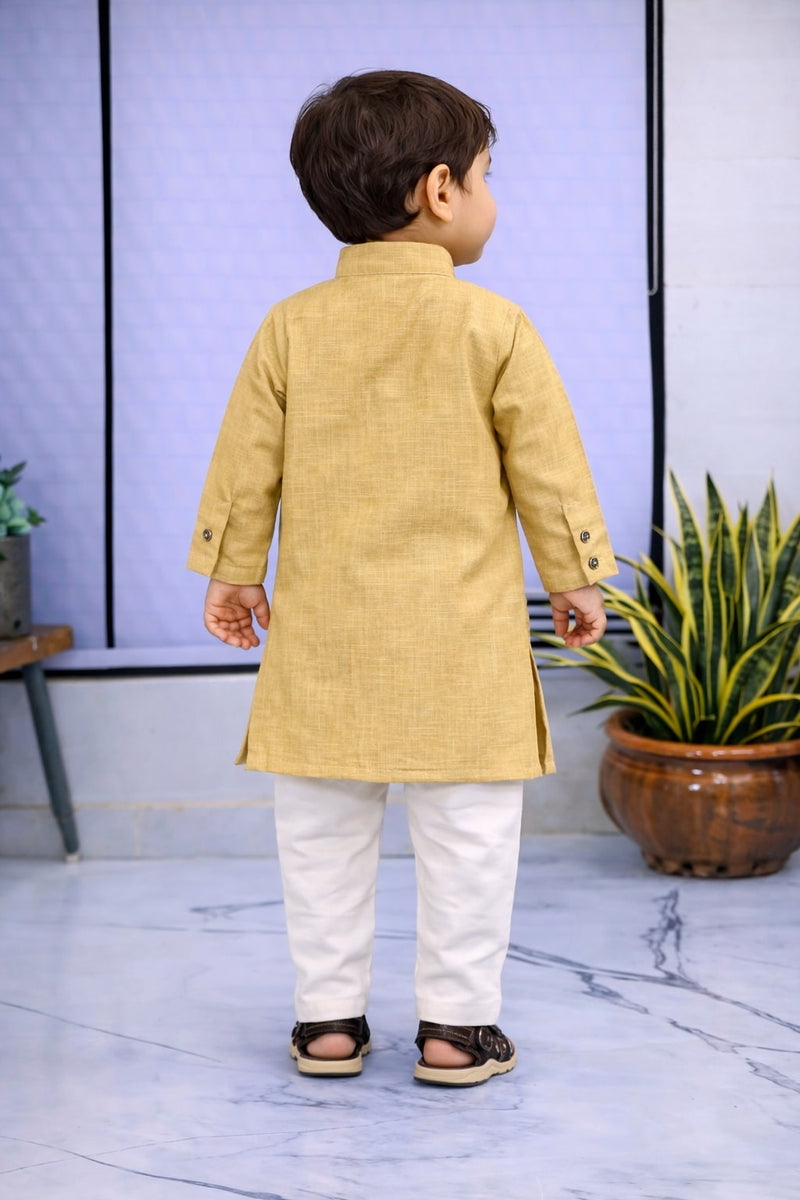 Boys Beige Solid Pure Cotton Ethnic Kurta Set with Trousers
