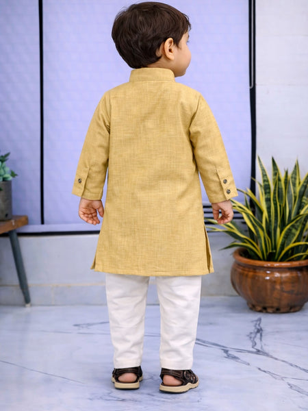 Boys Beige Solid Pure Cotton Ethnic Kurta Set with Trousers