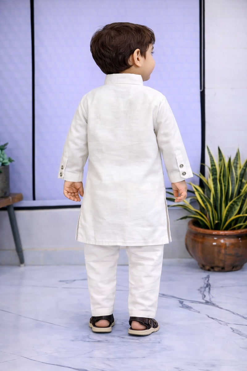 Boys White Solid Pure Cotton Ethnic Kurta Set with Trousers