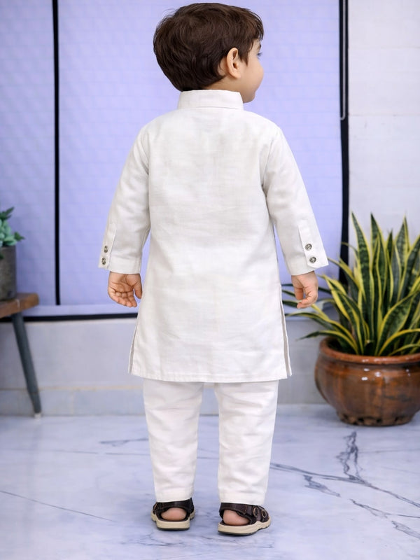 Boys White Solid Pure Cotton Ethnic Kurta Set with Trousers