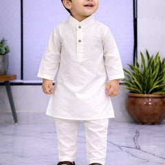 Boys White Solid Pure Cotton Ethnic Kurta Set with Trousers