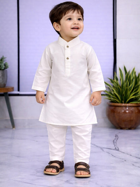 Boys White Solid Pure Cotton Ethnic Kurta Set with Trousers