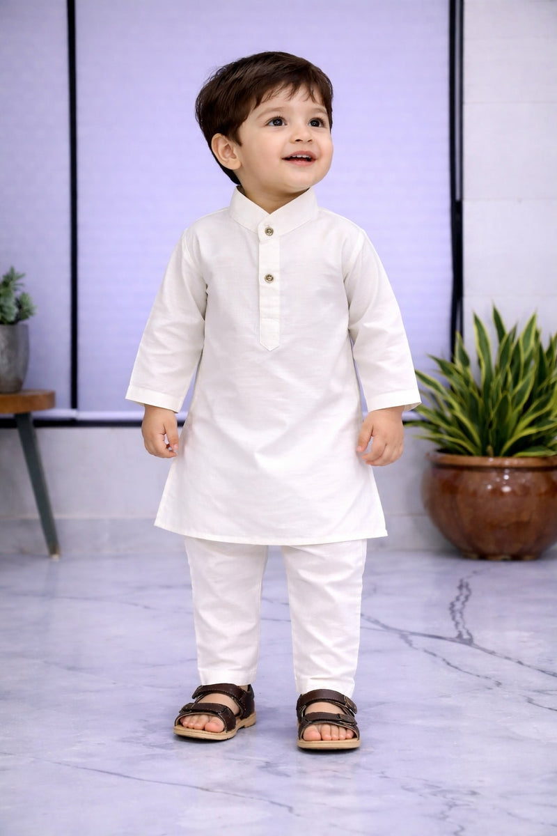 Boys White Solid Pure Cotton Ethnic Kurta Set with Trousers