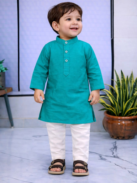 Boys Blue Solid Pure Cotton Ethnic Kurta Set with Trousers