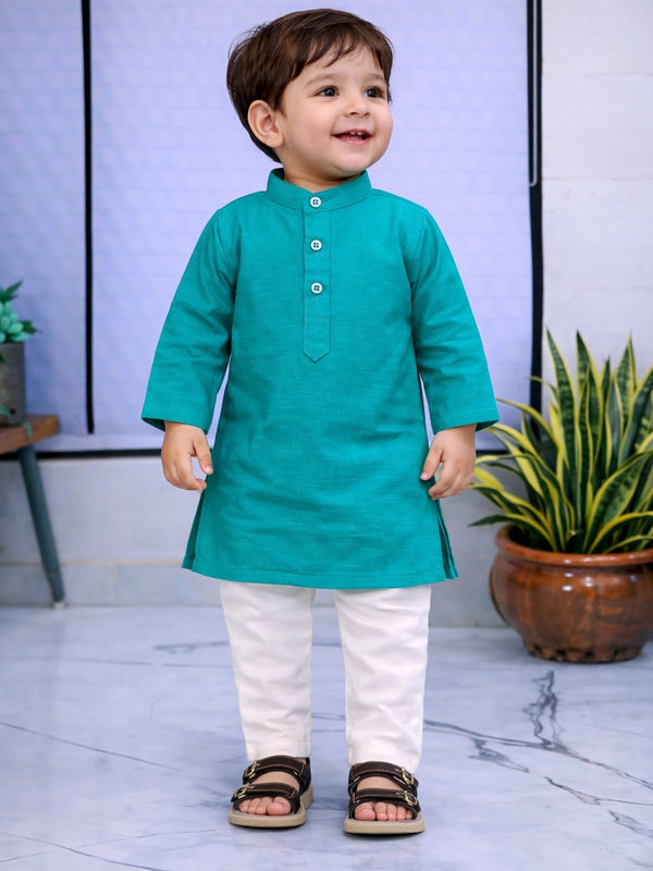 Boys Blue Solid Pure Cotton Ethnic Kurta Set with Trousers
