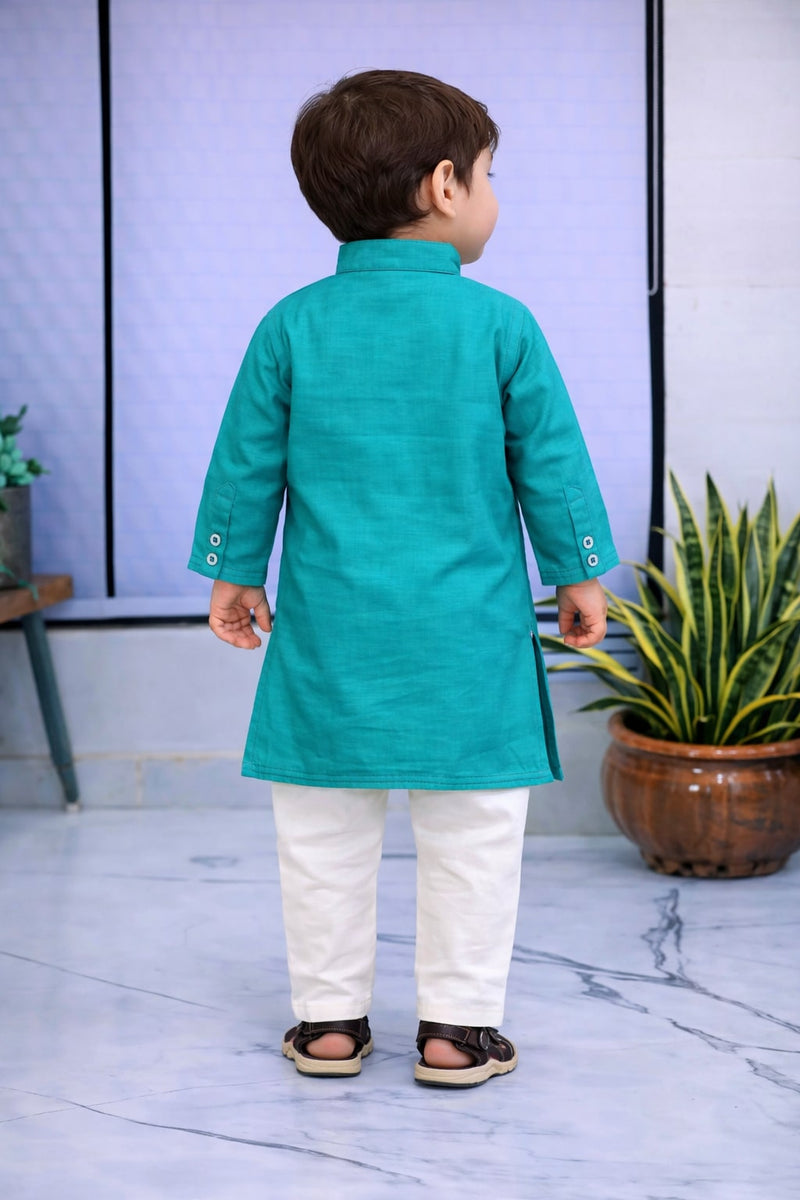 Boys Blue Solid Pure Cotton Ethnic Kurta Set with Trousers