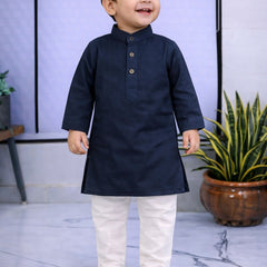 Boys Navy Blue Solid Pure Cotton Ethnic Kurta Set with Trousers