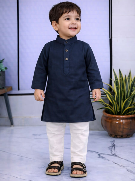 Boys Navy Blue Solid Pure Cotton Ethnic Kurta Set with Trousers