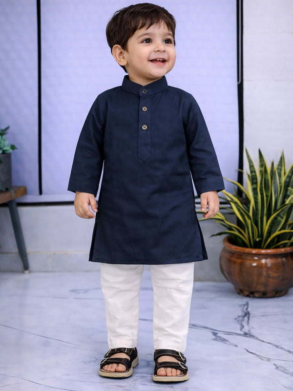 Boys Navy Blue Solid Pure Cotton Ethnic Kurta Set with Trousers