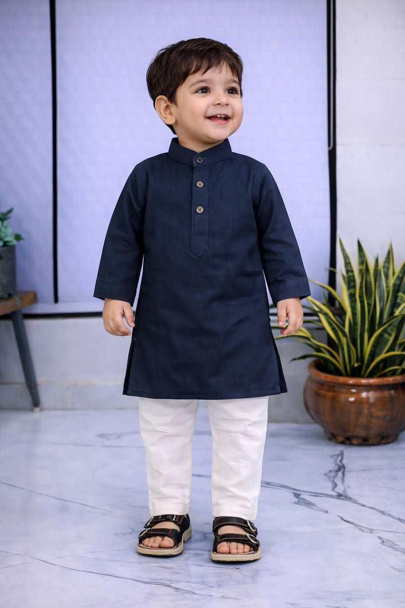 Boys Navy Blue Solid Pure Cotton Ethnic Kurta Set with Trousers