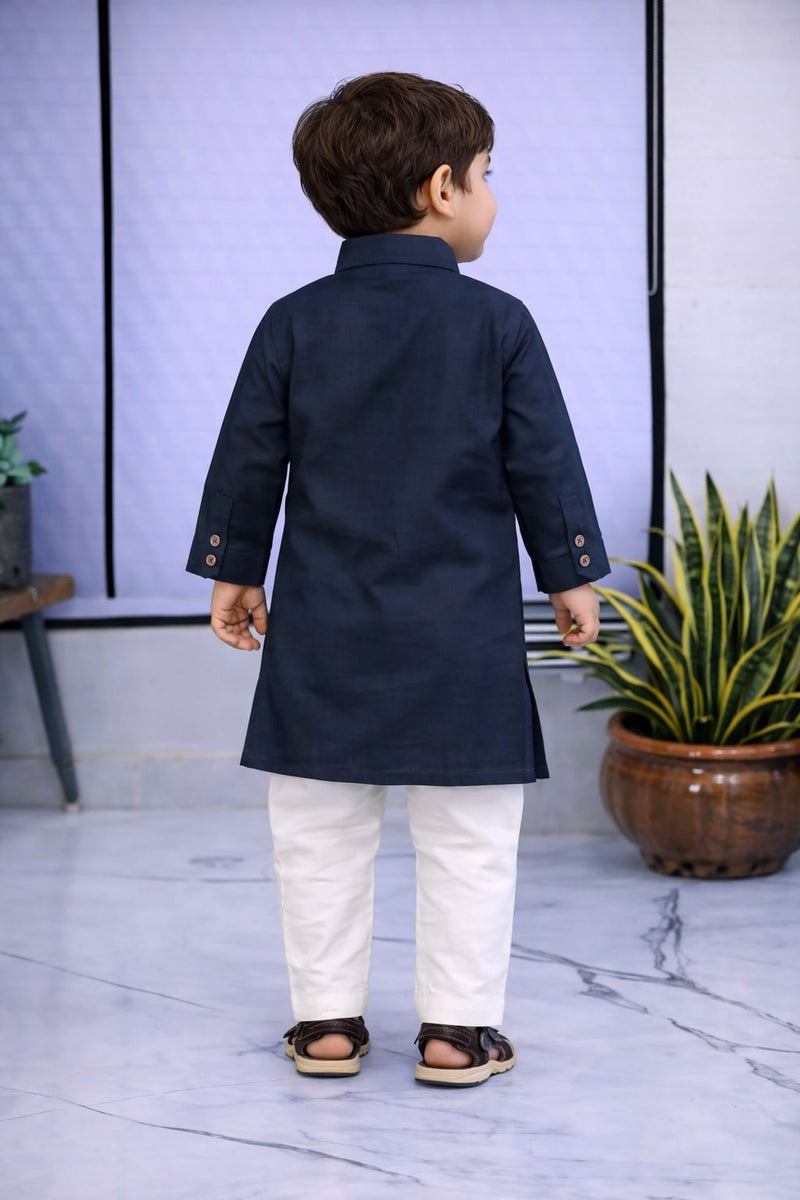 Boys Navy Blue Solid Pure Cotton Ethnic Kurta Set with Trousers