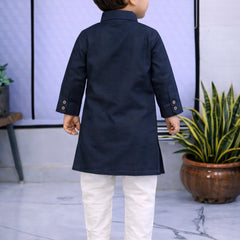 Boys Navy Blue Solid Pure Cotton Ethnic Kurta Set with Trousers