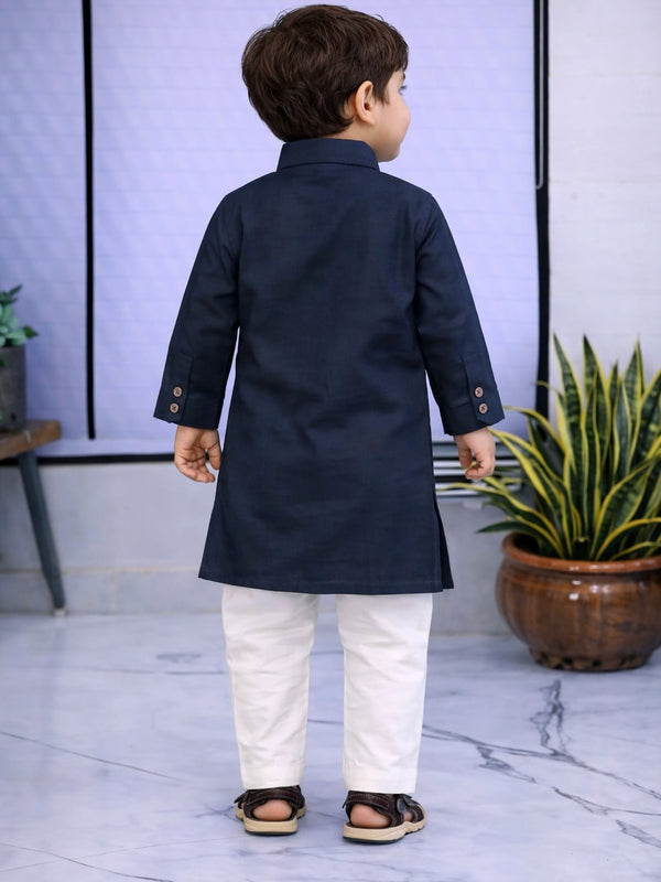 Boys Navy Blue Solid Pure Cotton Ethnic Kurta Set with Trousers