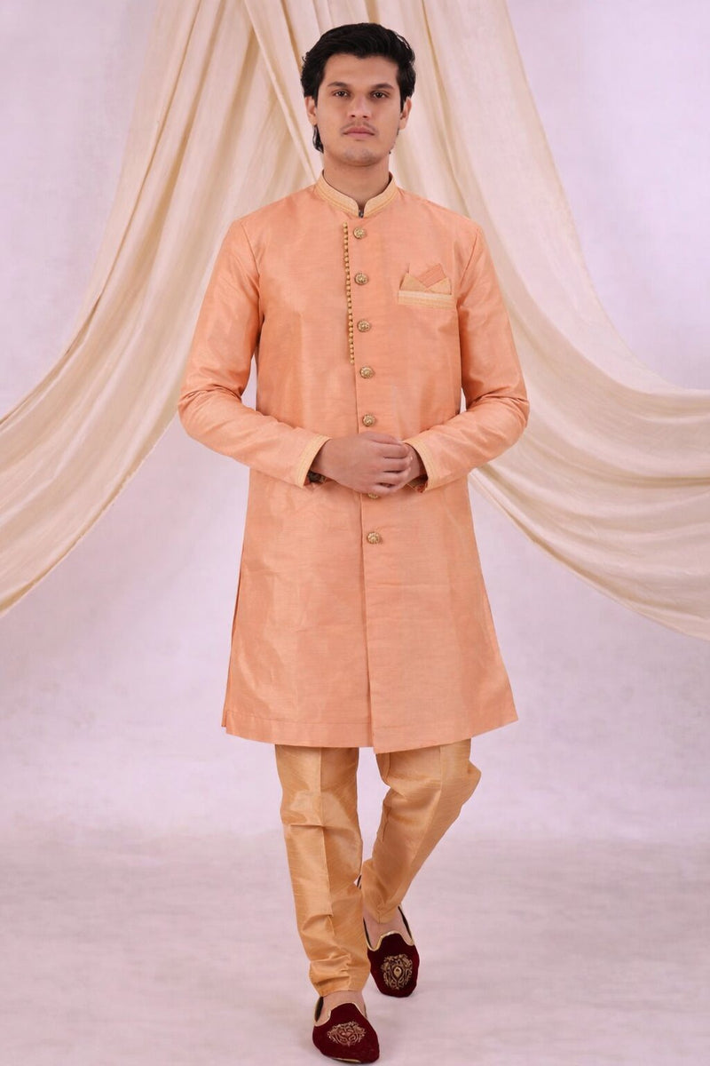 Orange Silk Blend Sherwani Set with White Pyjama for Men - DBMS1040