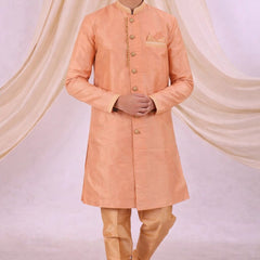 Orange Silk Blend Sherwani Set with White Pyjama for Men - DBMS1040