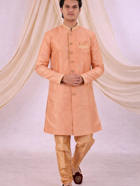 Orange Silk Blend Sherwani Set with White Pyjama for Men - DBMS1040