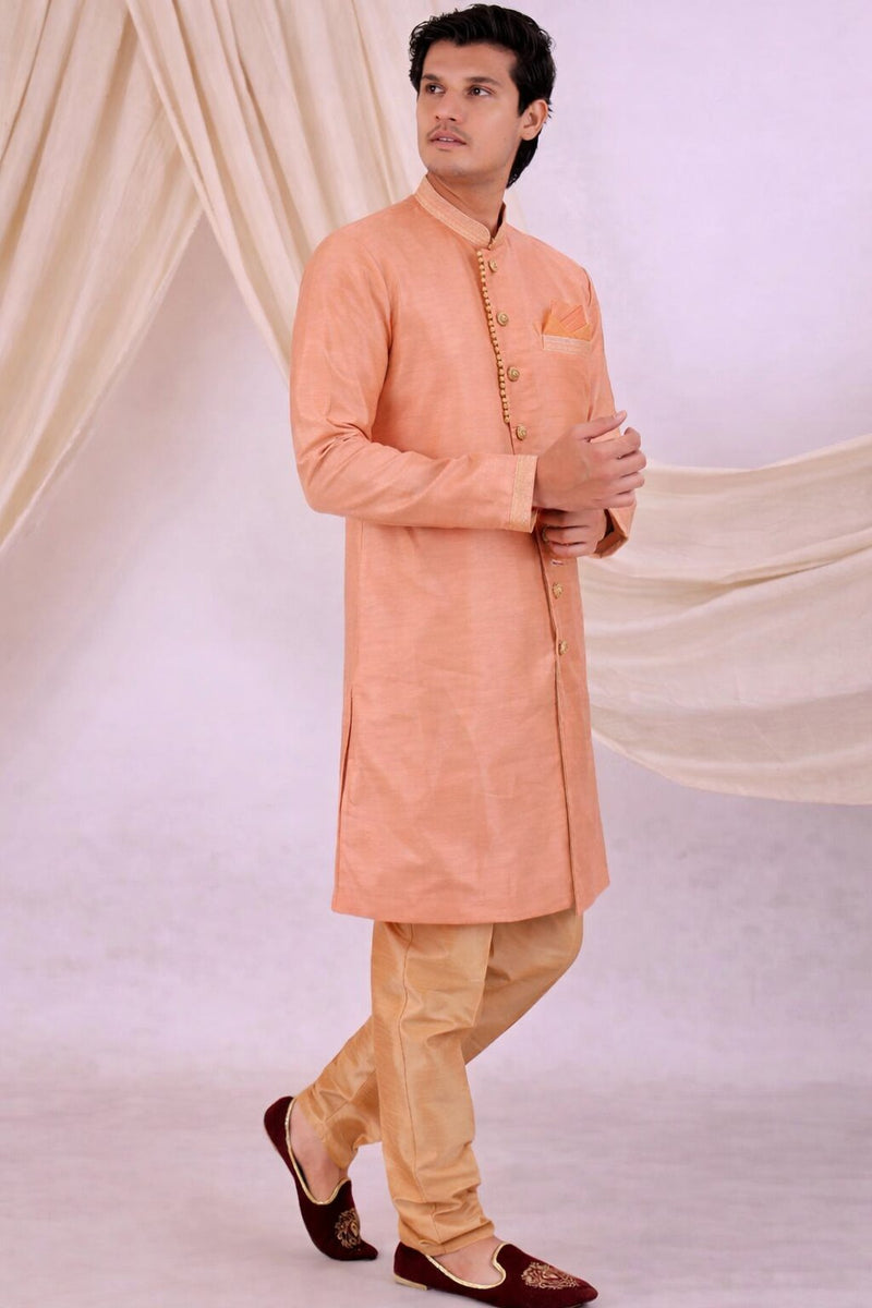Orange Silk Blend Sherwani Set with White Pyjama for Men - DBMS1040