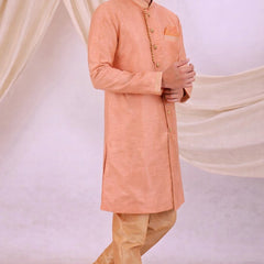 Orange Silk Blend Sherwani Set with White Pyjama for Men - DBMS1040