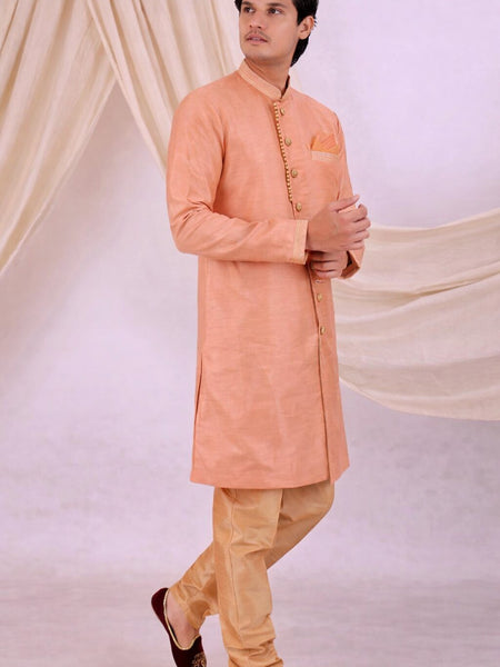 Orange Silk Blend Sherwani Set with White Pyjama for Men - DBMS1040
