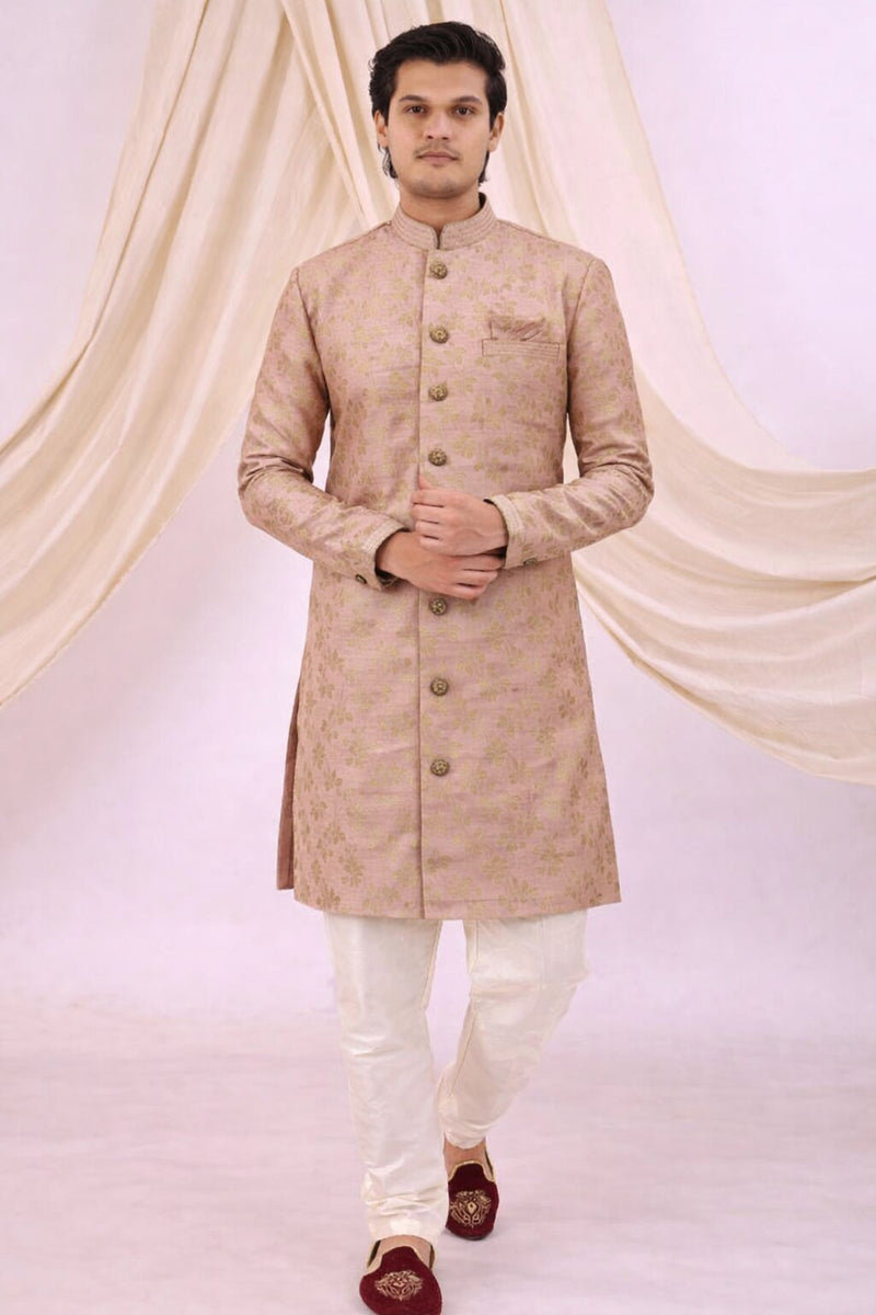 Peach Silk Blend Sherwani Set with White Pyjama for Men - DBMS1047