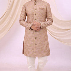 Peach Silk Blend Sherwani Set with White Pyjama for Men - DBMS1047