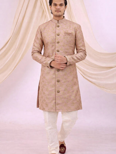 Peach Silk Blend Sherwani Set with White Pyjama for Men - DBMS1047