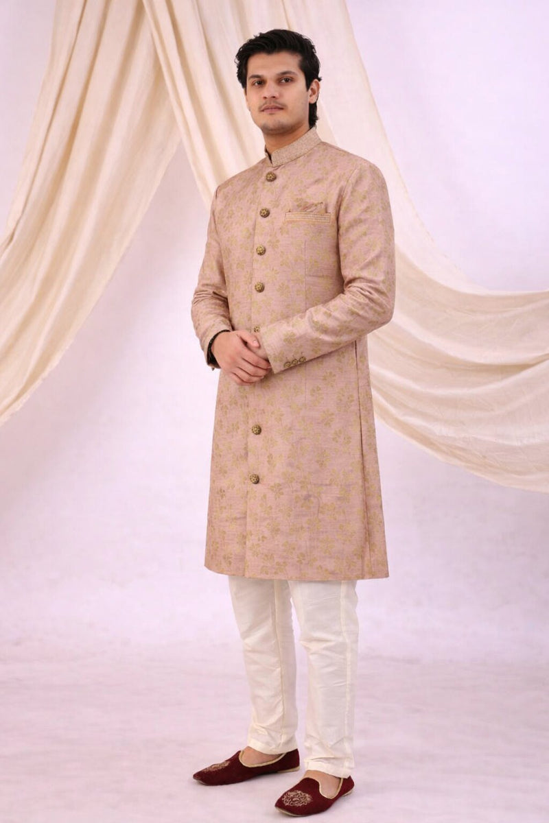 Peach Silk Blend Sherwani Set with White Pyjama for Men - DBMS1047