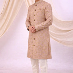 Peach Silk Blend Sherwani Set with White Pyjama for Men - DBMS1047