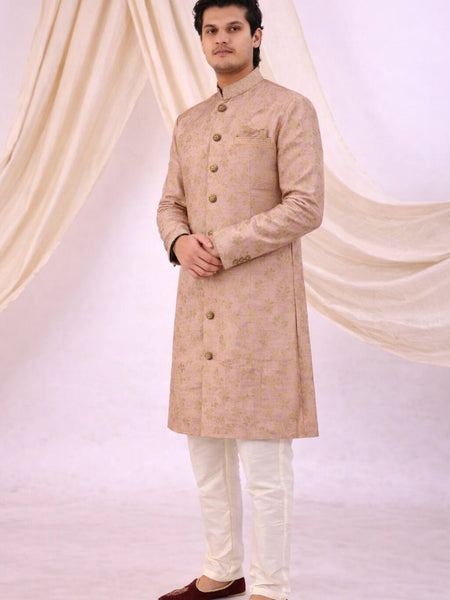 Peach Silk Blend Sherwani Set with White Pyjama for Men - DBMS1047