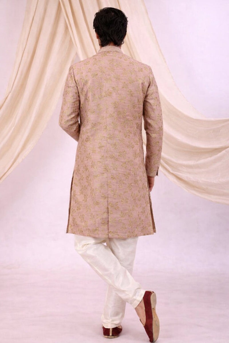 Peach Silk Blend Sherwani Set with White Pyjama for Men - DBMS1047