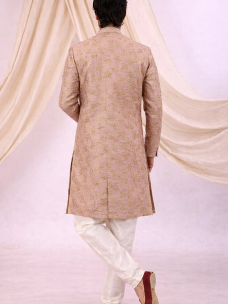 Peach Silk Blend Sherwani Set with White Pyjama for Men - DBMS1047