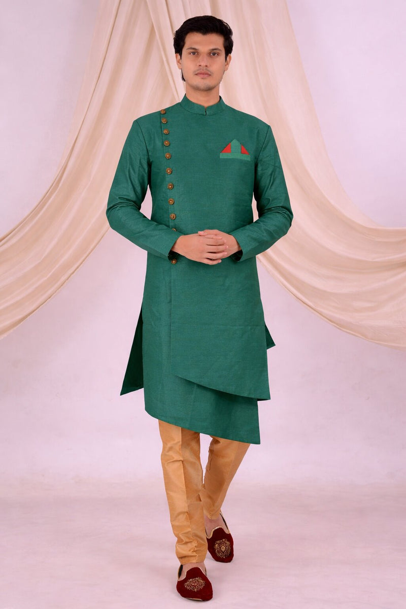 Green Silk Blend Sherwani Set with White Pyjama for Men - DBMS1048