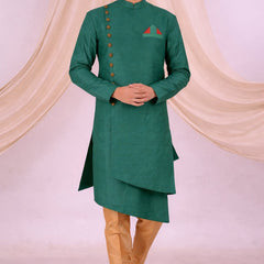 Green Silk Blend Sherwani Set with White Pyjama for Men - DBMS1048