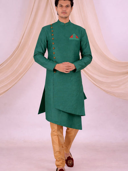 Green Silk Blend Sherwani Set with White Pyjama for Men - DBMS1048