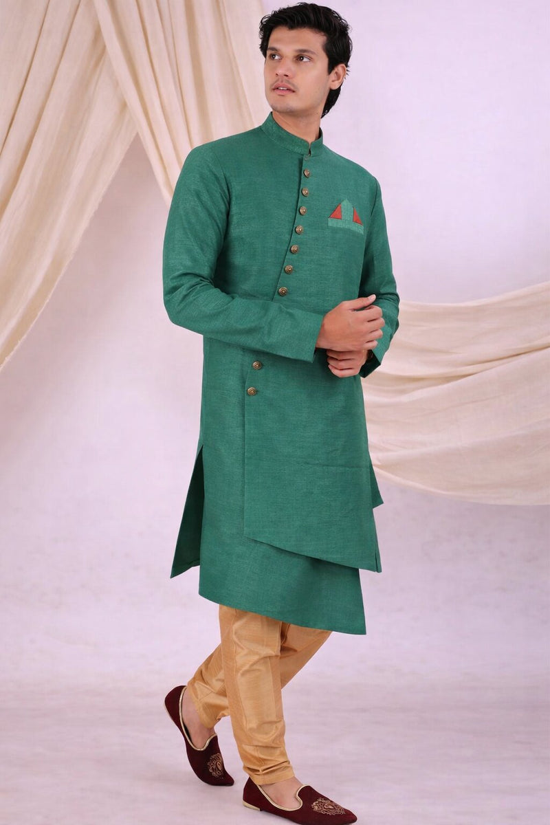 Green Silk Blend Sherwani Set with White Pyjama for Men - DBMS1048