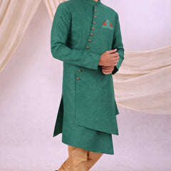 Green Silk Blend Sherwani Set with White Pyjama for Men - DBMS1048
