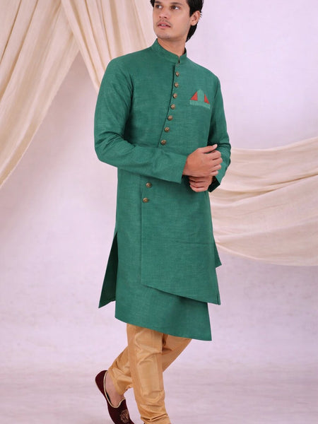 Green Silk Blend Sherwani Set with White Pyjama for Men - DBMS1048