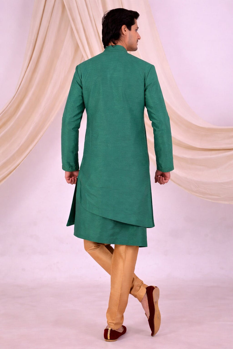 Green Silk Blend Sherwani Set with White Pyjama for Men - DBMS1048