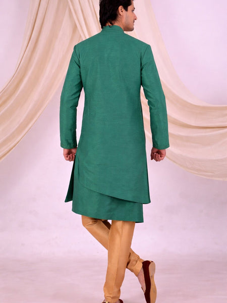 Green Silk Blend Sherwani Set with White Pyjama for Men - DBMS1048