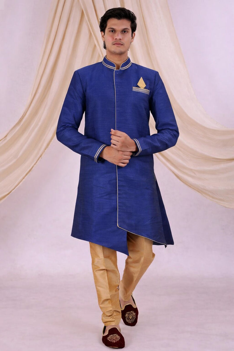 Blue Silk Blend Sherwani Set with White Pyjama for Men - DBMS1049