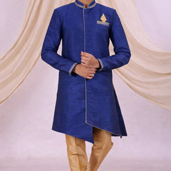 Blue Silk Blend Sherwani Set with White Pyjama for Men - DBMS1049